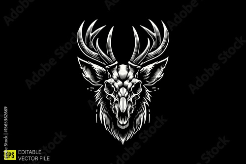 deer head   illustration dark art scary creepy style tattoo vector black and white background templates