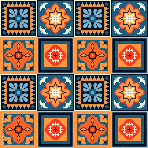 Seamless talavera pattern repeating orange and blue floral motifs on ceramic tiles, celebrating mexican and spanish heritage