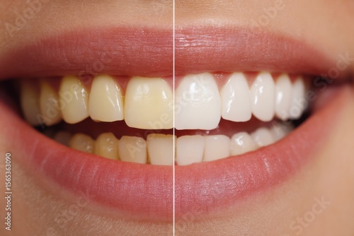 Teeth whitening comparison showing yellow and white teeth with pink lips.