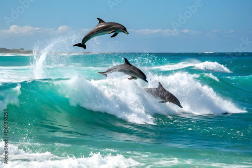 Dolphins leaping through the waves in the turquoise ocean