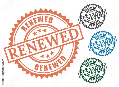 Renewed stamp vector graphic set in various colors for business and official document use case design
