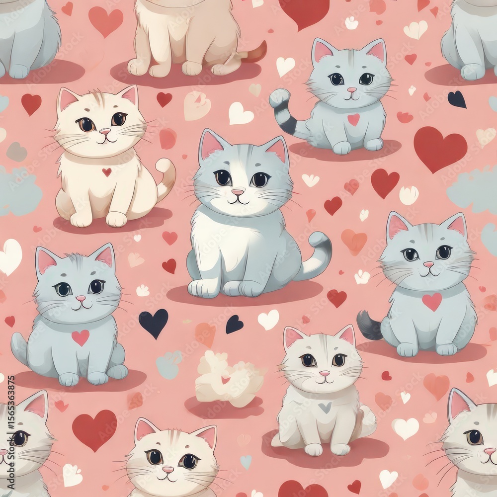 Obraz premium A repeating pattern of cute cartoonish cats in various poses set against a pink background with heart and cloud elements