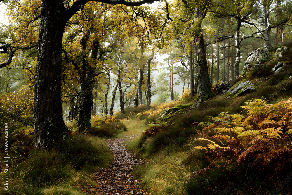 Fototapeta premium Autumnal woodland scene in the highlands