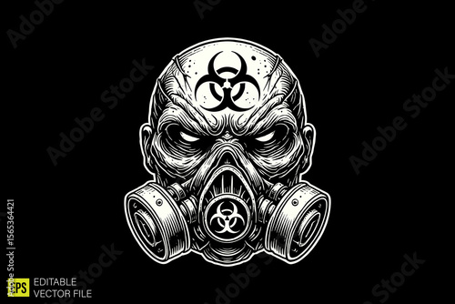 skull with gas mask illustration dark art scary creepy style tattoo vector black and white background templates