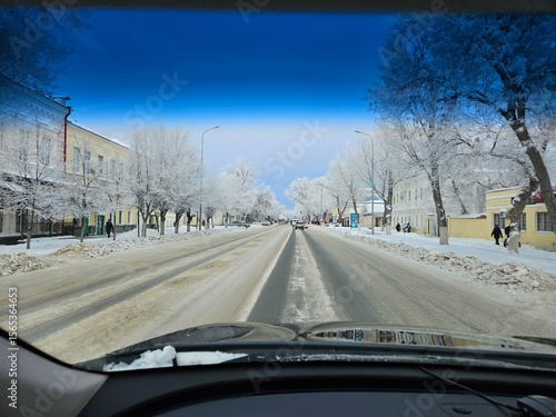 Winter Street View from Inside a Car
