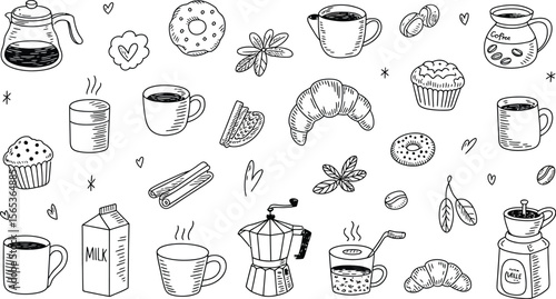 A collection of hand drawn coffee and breakfast themed doodles in black and white line art style