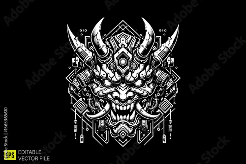 oni mask head illustration dark art scary creepy style tattoo vector black and white background templates