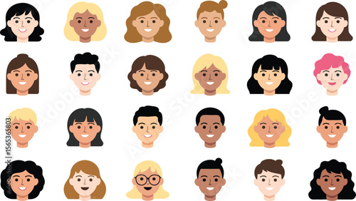 Illustration of diverse cartoon faces with various hairstyles and skin tones arranged in a grid pattern