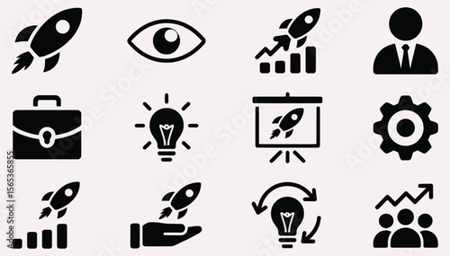 Icons Illustrating Business Ideas, Vision, Growth, Teamwork, and Strategy for Success and Innovation in a Startup or Established Company