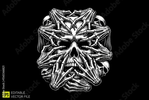 human skull with many hand in face  illustration dark art scary creepy style tattoo vector black and white background templates