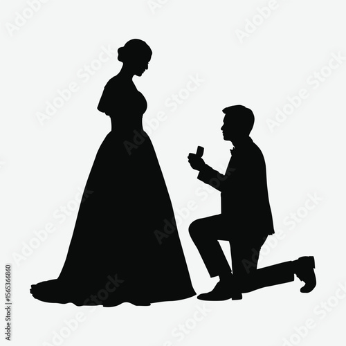 Elegant silhouette of a man proposing to a woman in a vintage dress. Black and white vector perfect for love, romance, engagement, or Valentine’s Day designs.