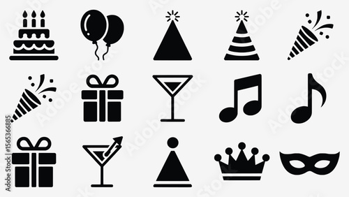 Festive Celebration Icons Featuring Cakes, Balloons, Party Favors, Gifts, and Musical Notes for Events and Special Occasions