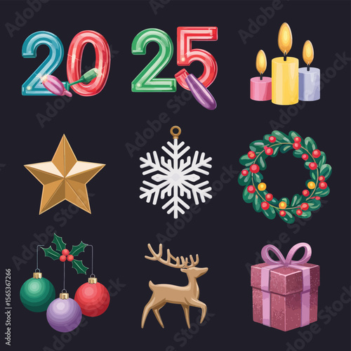 vector Happy New Year Celebrating 2025 in Latin letters , Christmas Decoration Items Santa Claus