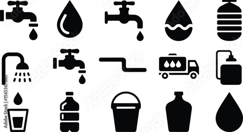 A Collection of Black and White Water Related Icons Depicting Water Conservation and Usage in a Simple Graphic Style