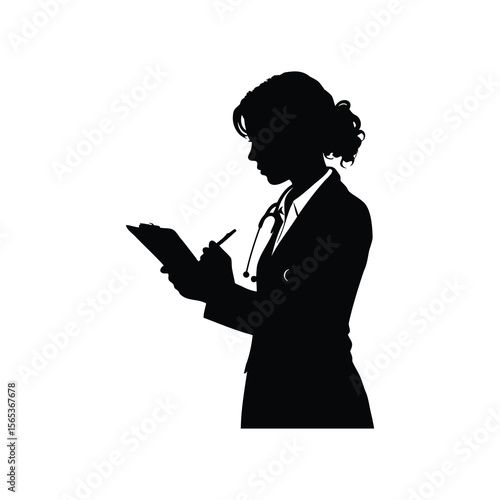 Silhouette of a female doctor writing on a clipboard in black and white