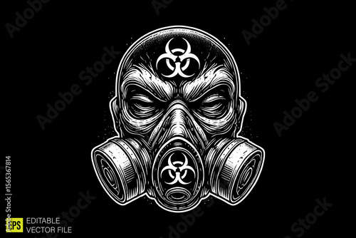 skull with gas mask illustration dark art scary creepy style tattoo vector black and white background templates