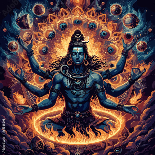Spiritual figure of Lord Shiva meditating with multiple arms and cosmic background