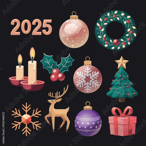 vector Happy New Year Celebrating 2025 in Latin letters , Christmas Decoration Items Santa Claus