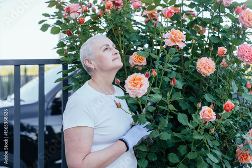 Photos Senior woman enjoying roses after illness recovery