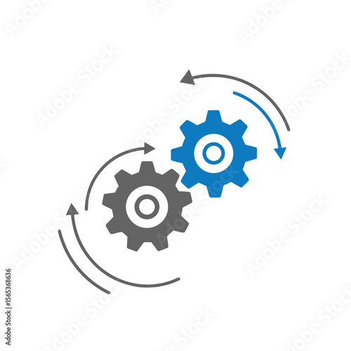 Two interlocking gears with arrows indicating motion in blue and grey .  Flat vector illustration on transparent background