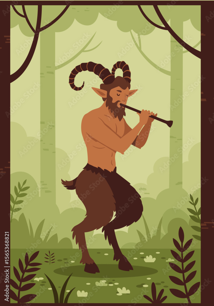Fototapeta premium Stylized satyr with horns, goat legs and flute standing in forest clearing, cartoon silhouette. Flat vector illustration