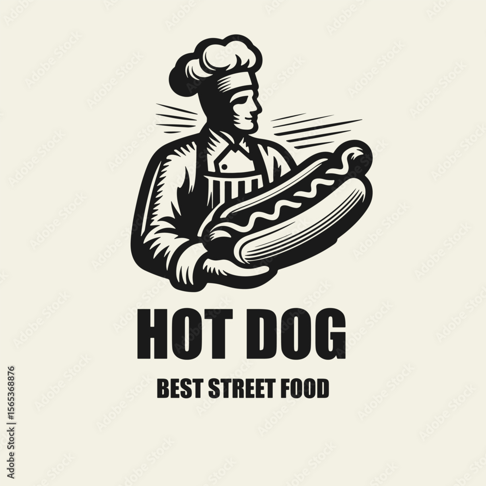 Fototapeta premium Black and white flat vector illustration of a chef in a hat holding a hot dog. Perfect logo for street food business, fast food stand, or food truck branding.