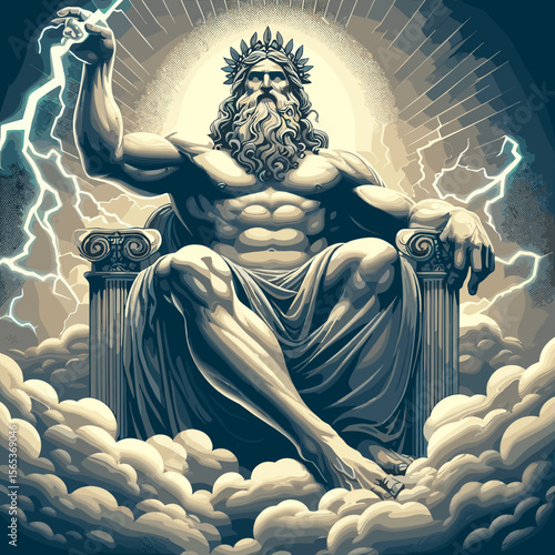 Powerful god sitting on a throne with lightning in hand, surrounded by clouds and radiating energy