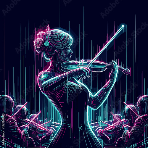 Futuristic violinist performing with robotic arms in a neon-themed orchestral setting