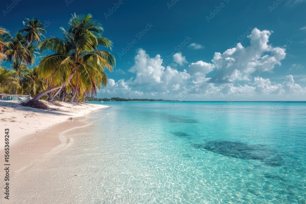 Naklejka premium Tropical beach with palm trees turquoise water and blue sky with clouds.