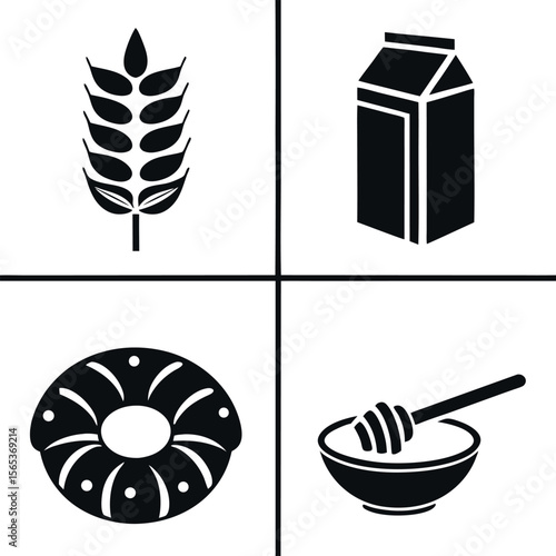 Four food icons wheat milk donut honey isolated on white background