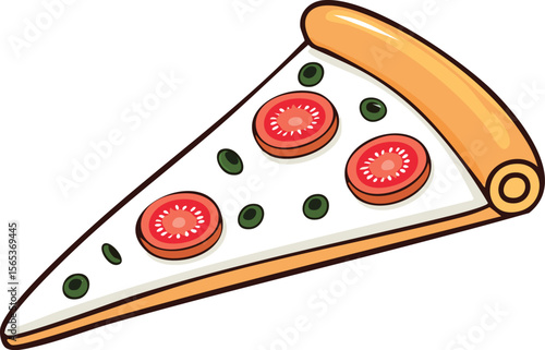 Cartoon illustration of a triangular slice of pizza with tomato slices and olives.