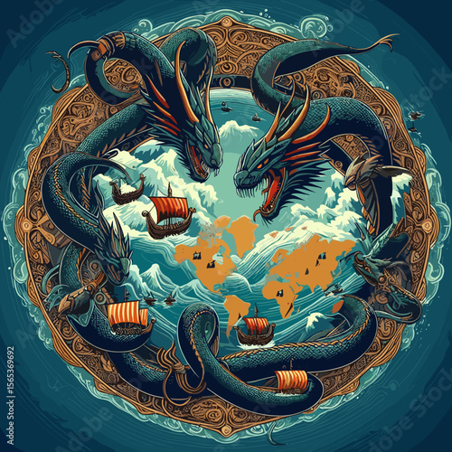 Mythical dragons encircling a world map with Viking ships in an intricate design