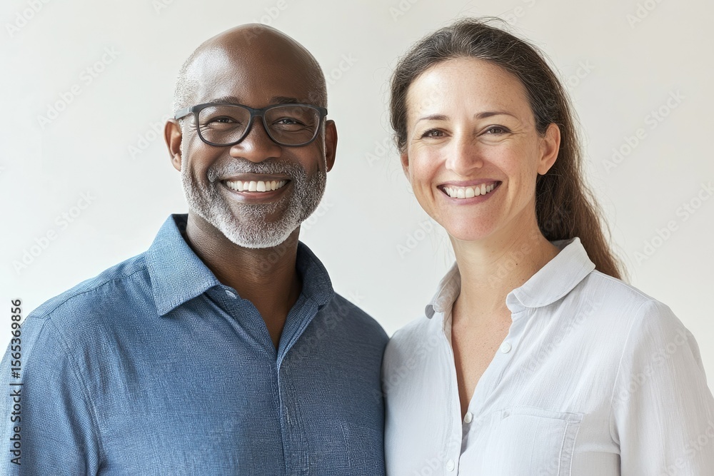 A happy, middle-aged interracial couple smiles warmly for the camera. A happy, middle-aged interracial couple smiles warmly for the camera.