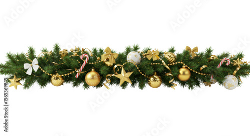 Lush green horizontal christmas garland with sparkling gold and white baubles, stars, shiny gold beaded garlands, elegant white and gold bows, and striped candy canes, isolated on white with glitter.
