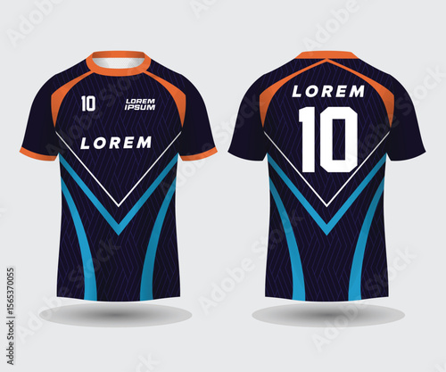 Modern dark blue and orange sports jersey front and back view mockup