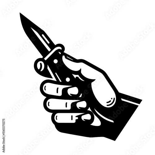 Hand holding open pocket knife in black and white illustration on transparent background  