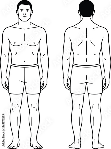 Illustration of a man wearing shorts shown from the front and back on a light cream background