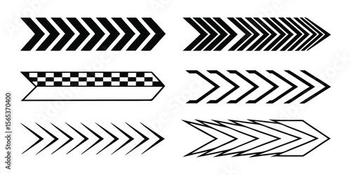 Striped racing arrow set. Abstract vector graphics with checkered patterns for motorsport decals, stickers, or logos.