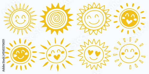 Cute Sun Doodle Set. Hand drawn happy and smiling sun icons. Yellow vector graphics for kids, weather forecasts, or summer designs.