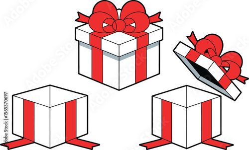 Illustration of white gift boxes with red ribbons in various states of open and closed positions