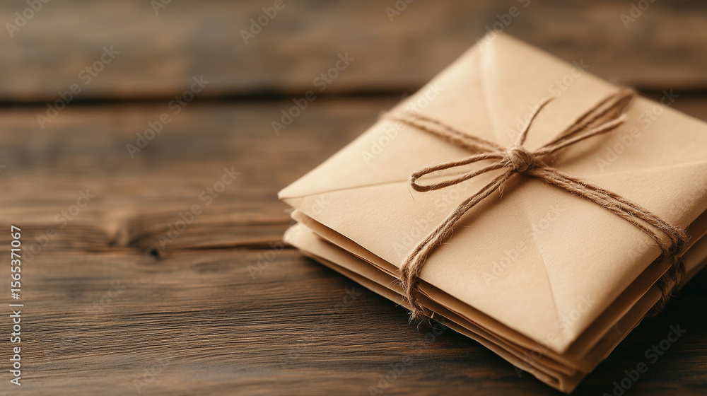 Fototapeta premium Rustic Letter Bundle: A close-up shot of a stack of rustic brown paper envelopes tied with twine, resting on a weathered wooden surface, evoking feelings of correspondence and nostalgia.