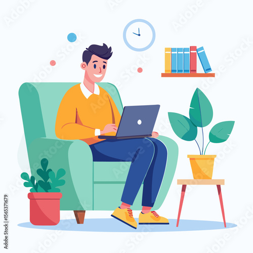 Smiling man working from home, using laptop on comfy armchair, modern flat style illustration.