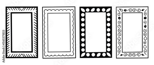 Black and white doodle frame and border set. Hand drawn vector graphics with decorative patterns for cards, photos, or ethnic designs.