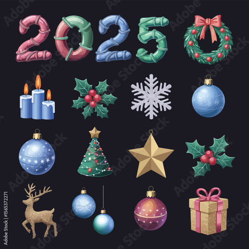vector Happy New Year Celebrating 2025 in Latin letters , Christmas Decoration Items Santa Claus