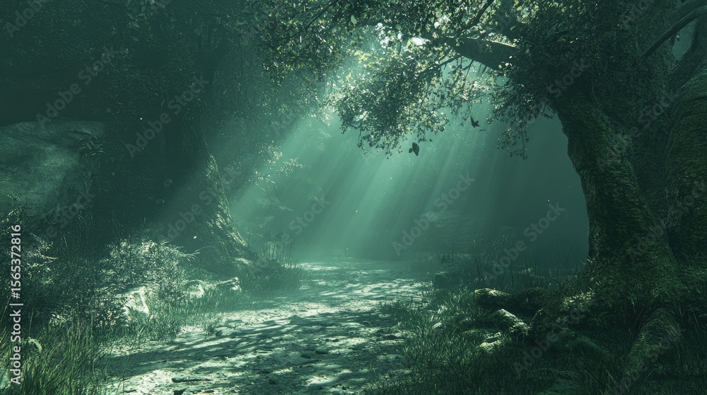 Fototapeta premium A mystical, sunlit forest path through dense foliage.