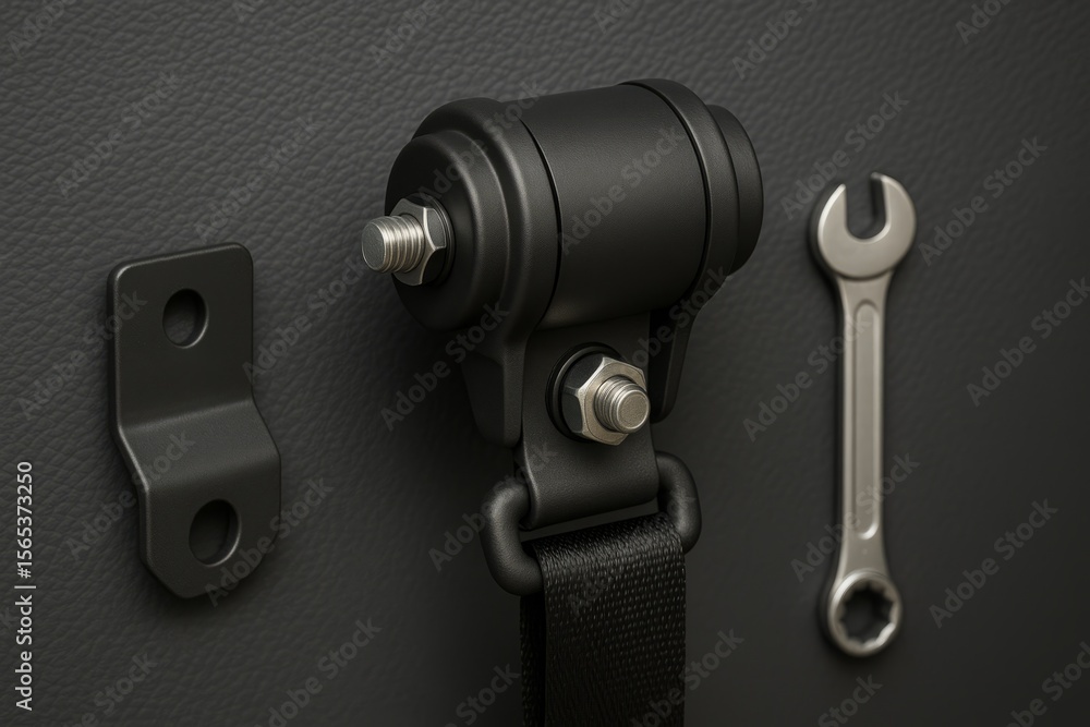 Black seatbelt mechanism with wrench and mounting bracket close up detail on textured background Black seatbelt mechanism with wrench and mounting bracket close up detail on textured background