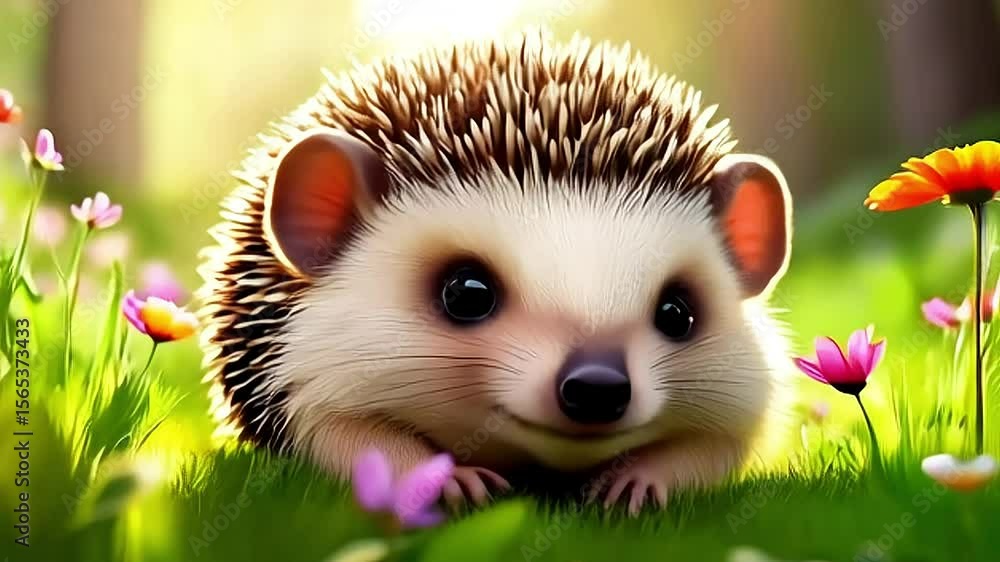 Cute hedgehog exploring wildflowers in meadow Cute hedgehog exploring wildflowers in meadow
