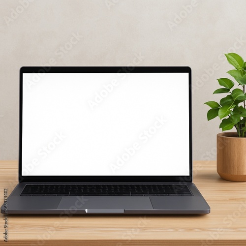 Mockup Laptop mockup on wooden desk with blank screen and plant decor