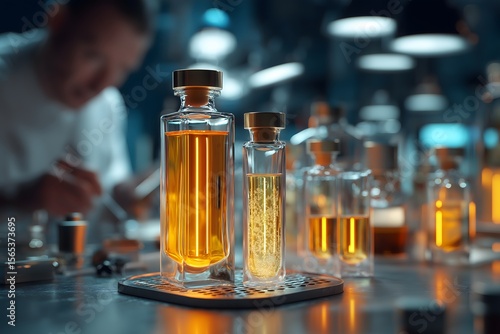Perfume advertisement, fragrance and neon: futuristic perfume lab with glowing tubes and vials.
