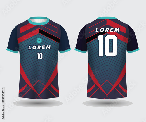 Modern dark blue and red abstract pattern sports jersey front and back view
